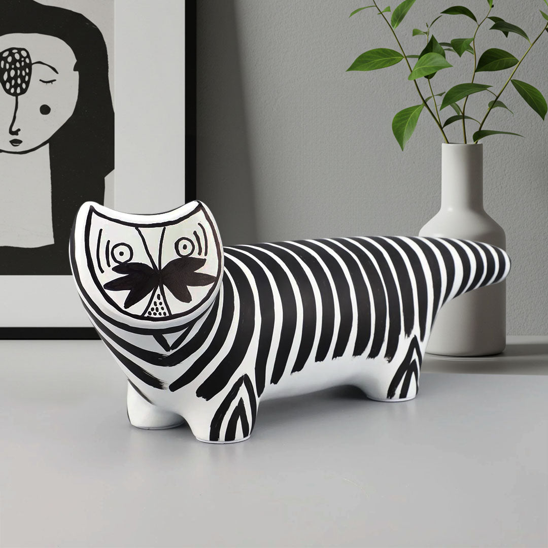 Elongated black and white striped cat resin sculpture for modern bookshelf or console table decor — view 3
