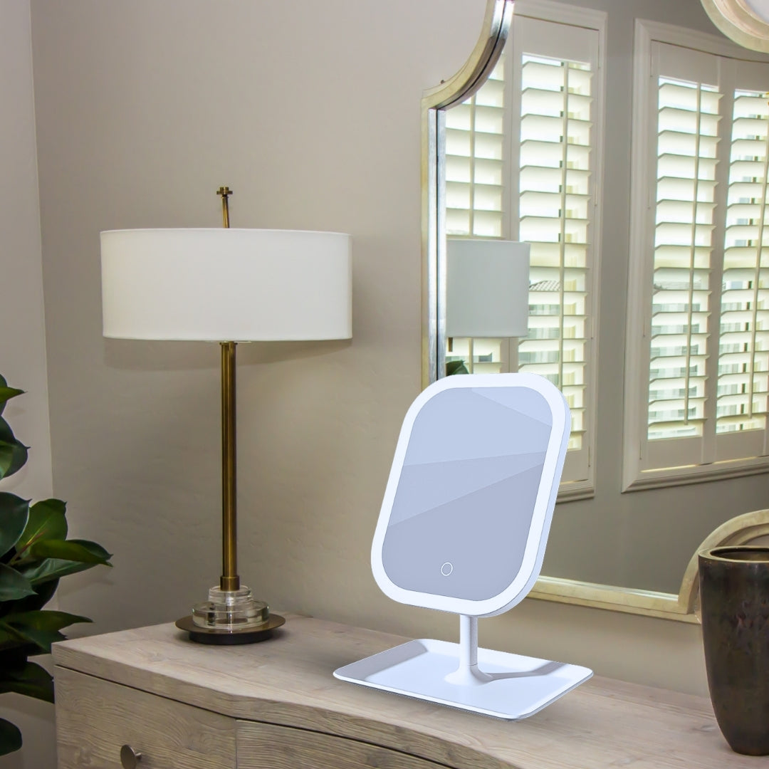 White squared smart LED makeup vanity mirror with tricolor adjustable lighting on table — view 3