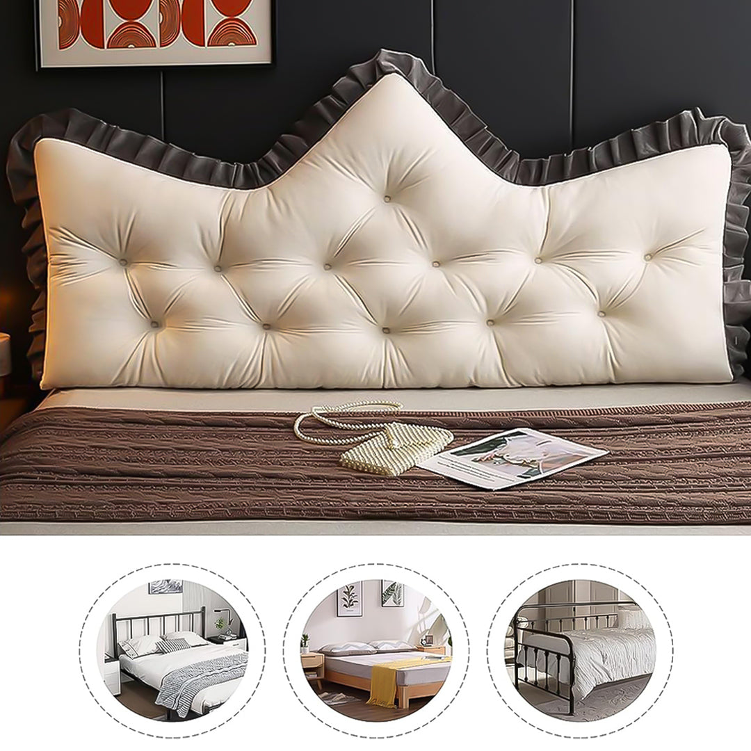 Two cream crown shaped tufted headboard pillows with charcoal ruffled edges for bed or sofa support — view 3