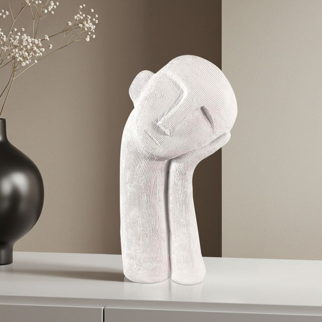 White minimalist abstract head sculpture with hand resting, matte resin home decor piece — view 3