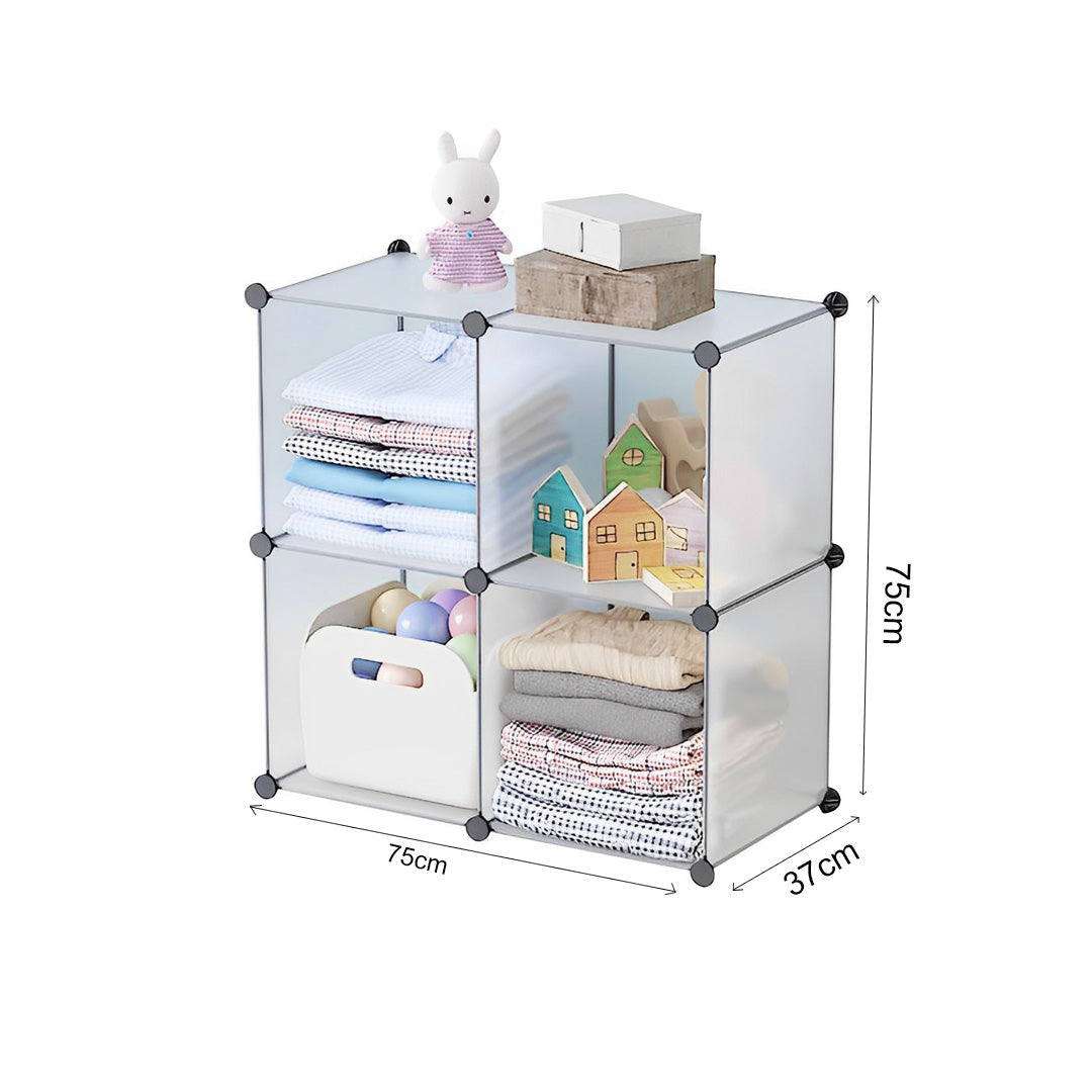 Transparent 4-cube modular storage organizer unit with white wire frame and stacked shelving design — view 3