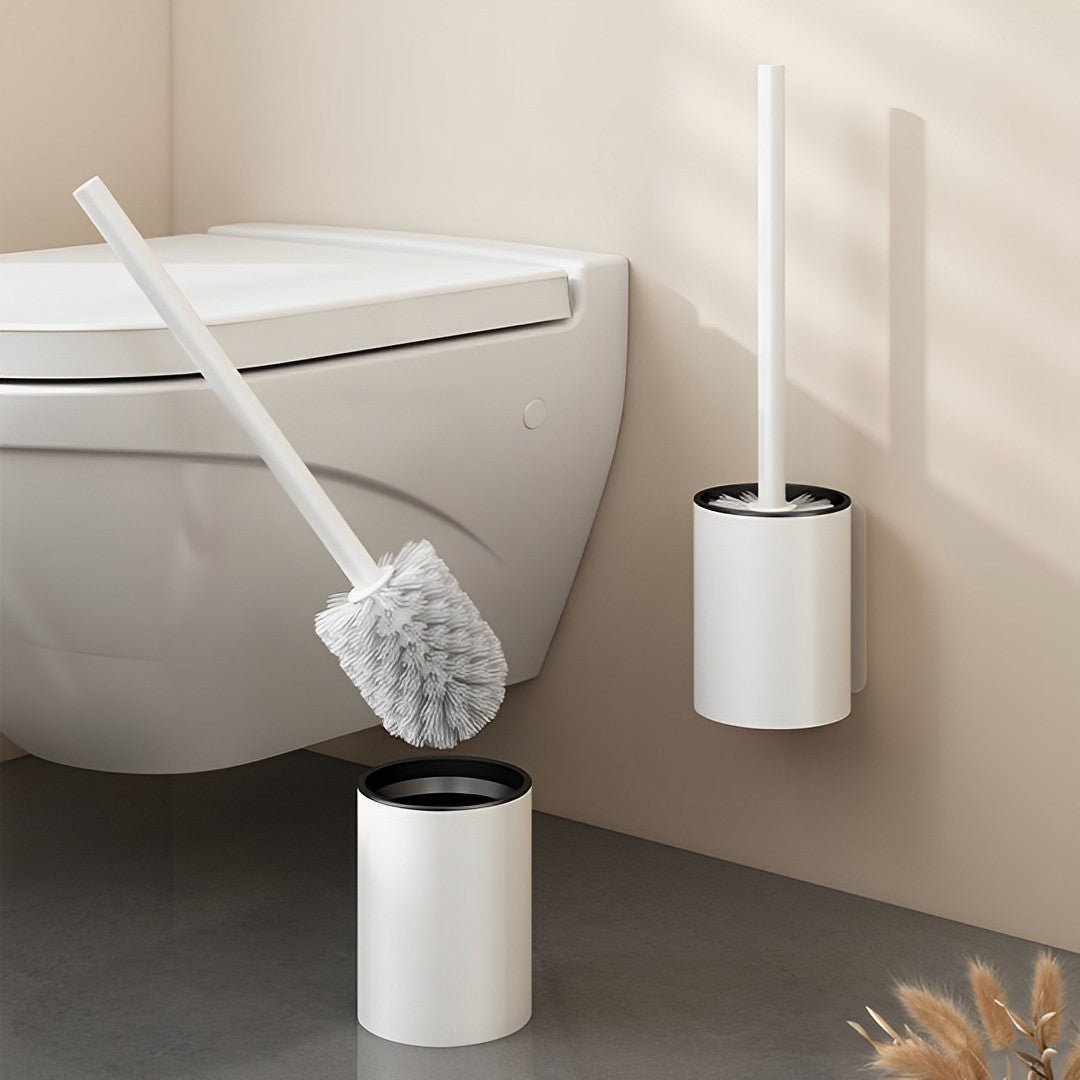 White aluminum wall-mounted toilet brush with holder and ergonomic handle for bathroom cleaning — view 3