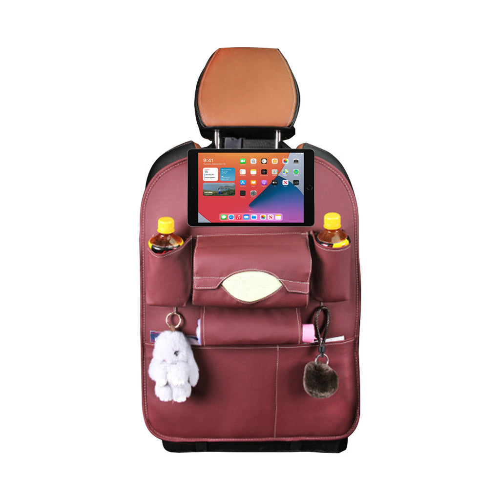 Red PVC leather multi-pocket car backseat organizer with tablet holder strapped to vehicle seat — view 3