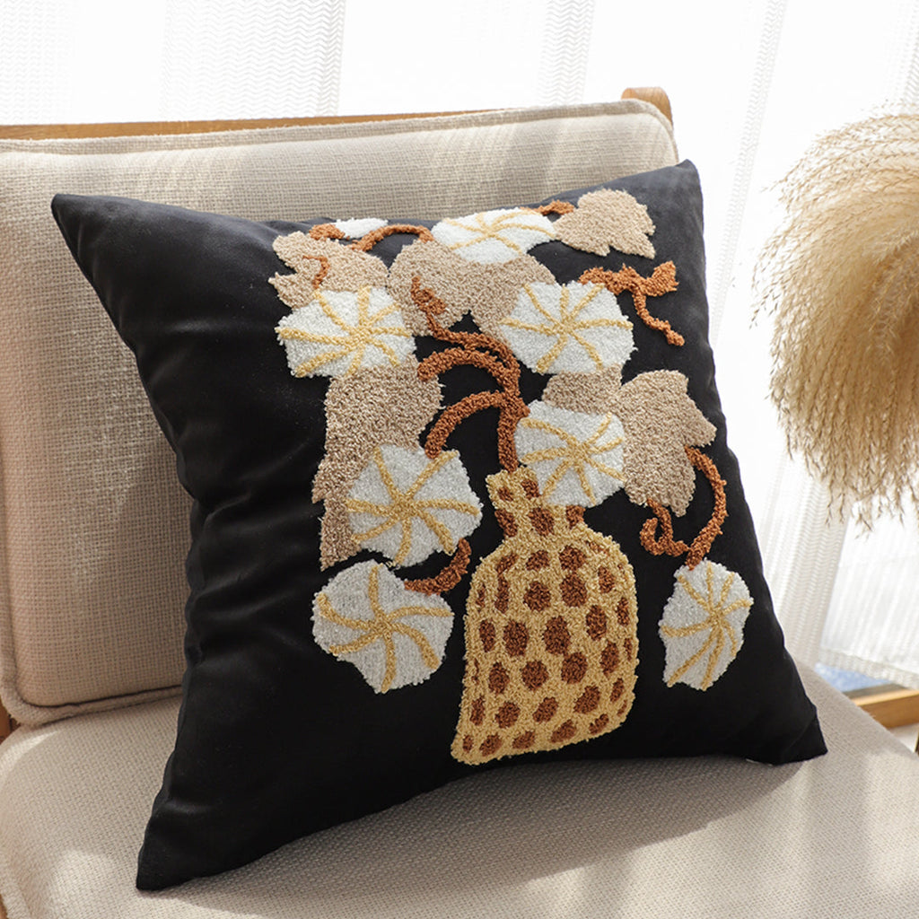 Black and gold floral embroidered 45cm throw pillow with wicker basket design for home decor — view 3