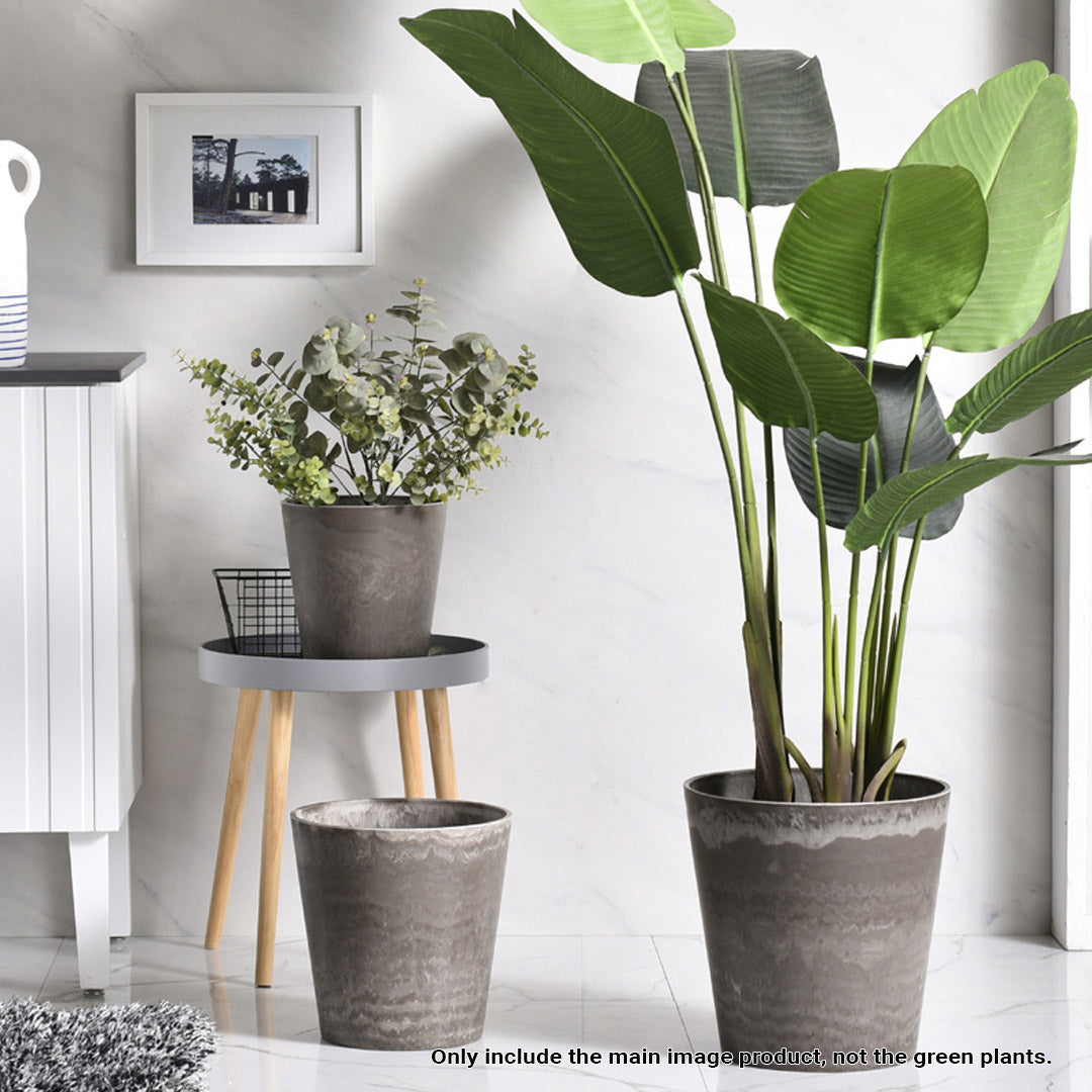 Rock grey round resin plant pot with a concrete cement pattern for indoor gardening — view 3