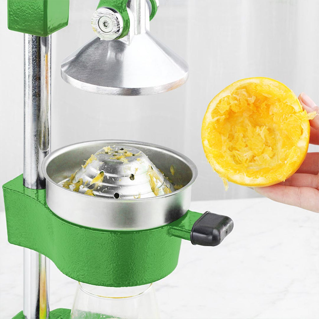 Green solid cast iron manual citrus juicer with food grade stainless steel strainer and heavy handle — view 3