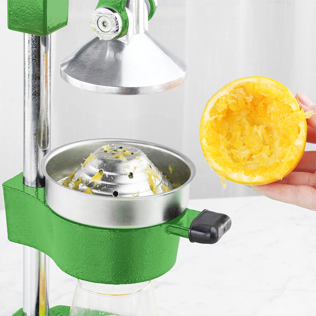 Green solid cast iron manual citrus juicer with food grade stainless steel strainer and heavy handle — view 3