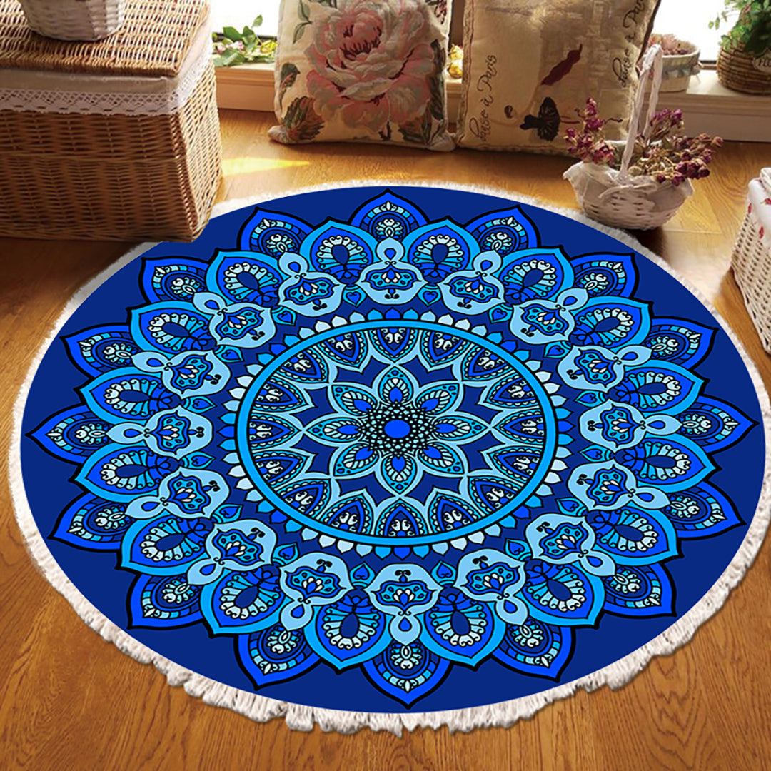 90cm round blue mandala patterned area rug made of soft polyester for home decor — view 3