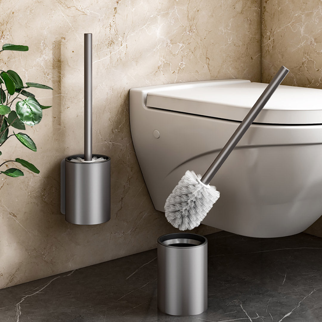 Dark grey wall-mounted aluminum toilet brush with handle and draining holder for modern bathroom cleaning. — view 3