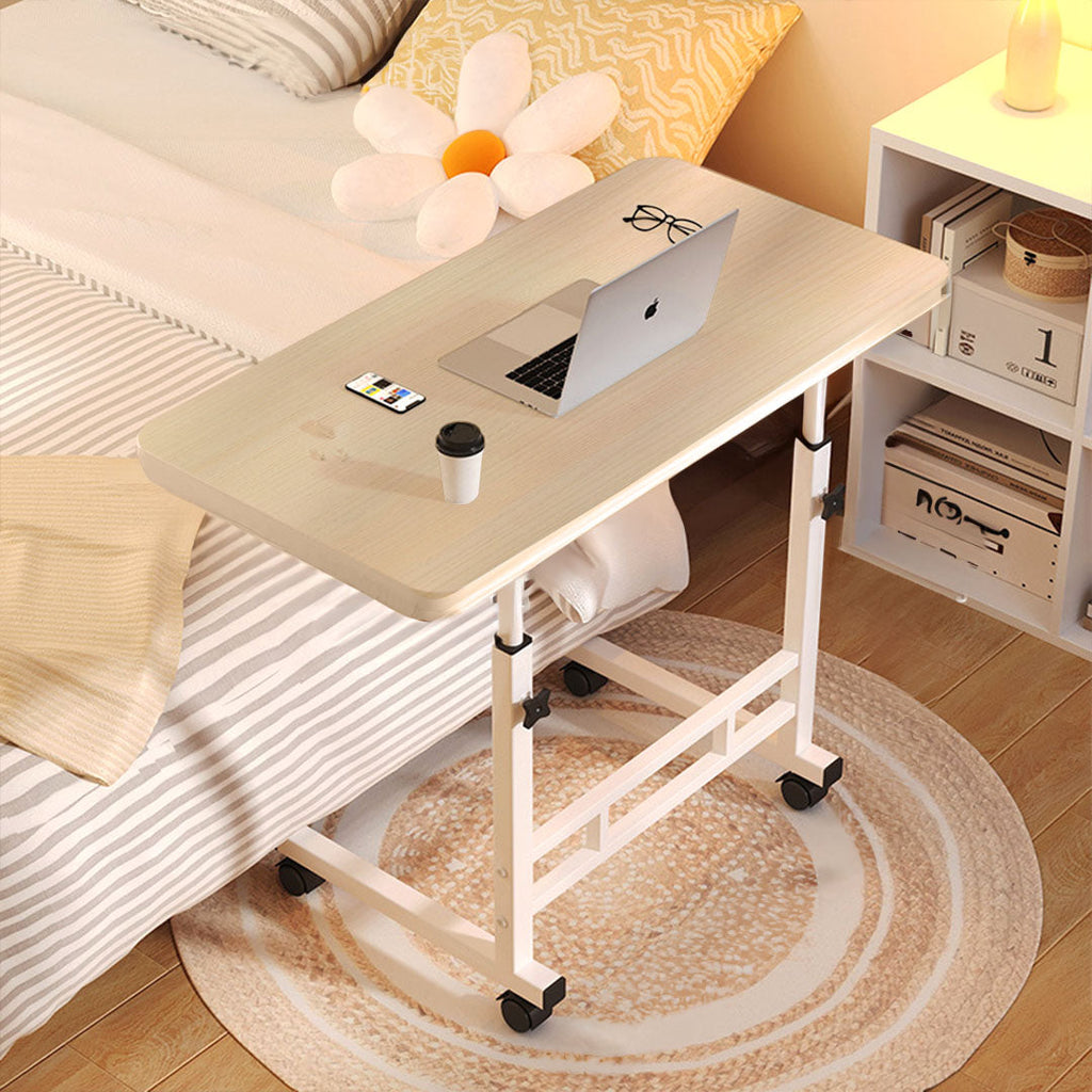 Set of two movable white maple wood bedside tables with sturdy metal frames and rolling wheels — view 3