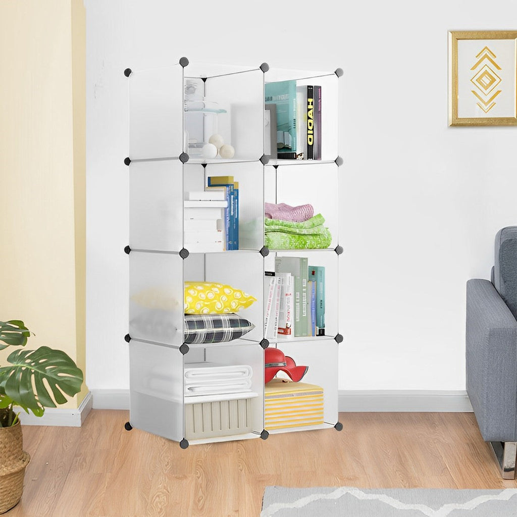 Transparent 8-cube modular storage shelf organizer made of plastic panels and iron wire connectors — view 3