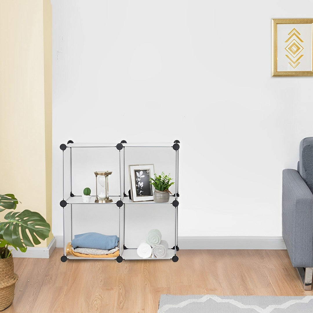 Transparent 4-cube modular plastic storage shelf box with iron wire connectors for home organization — view 3