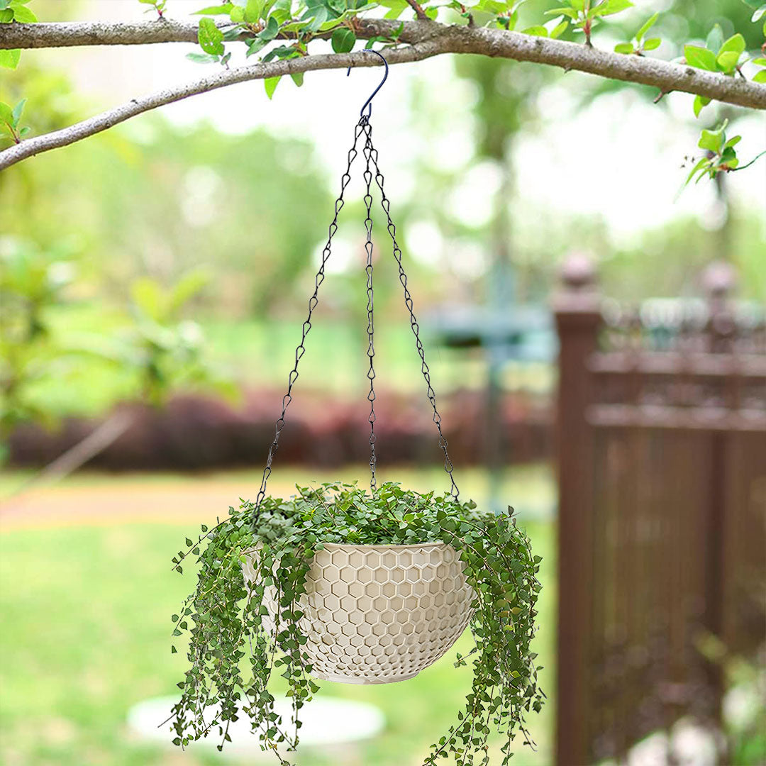 White resin hanging planters set of two, featuring metal suspension chains and built-in drainage holes. — view 3
