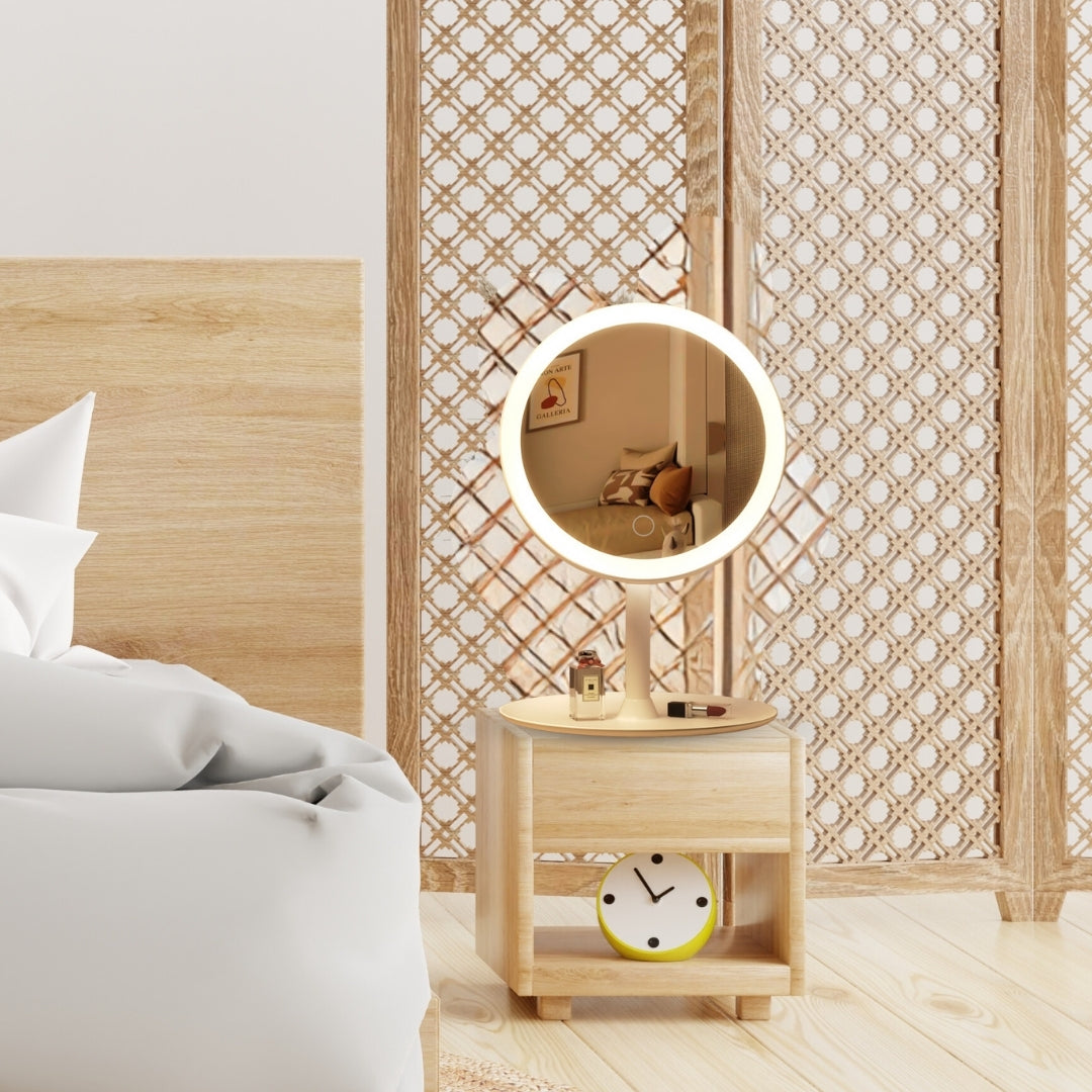 White round smart LED tabletop makeup vanity mirror with illuminated ring light and adjustable stand — view 3