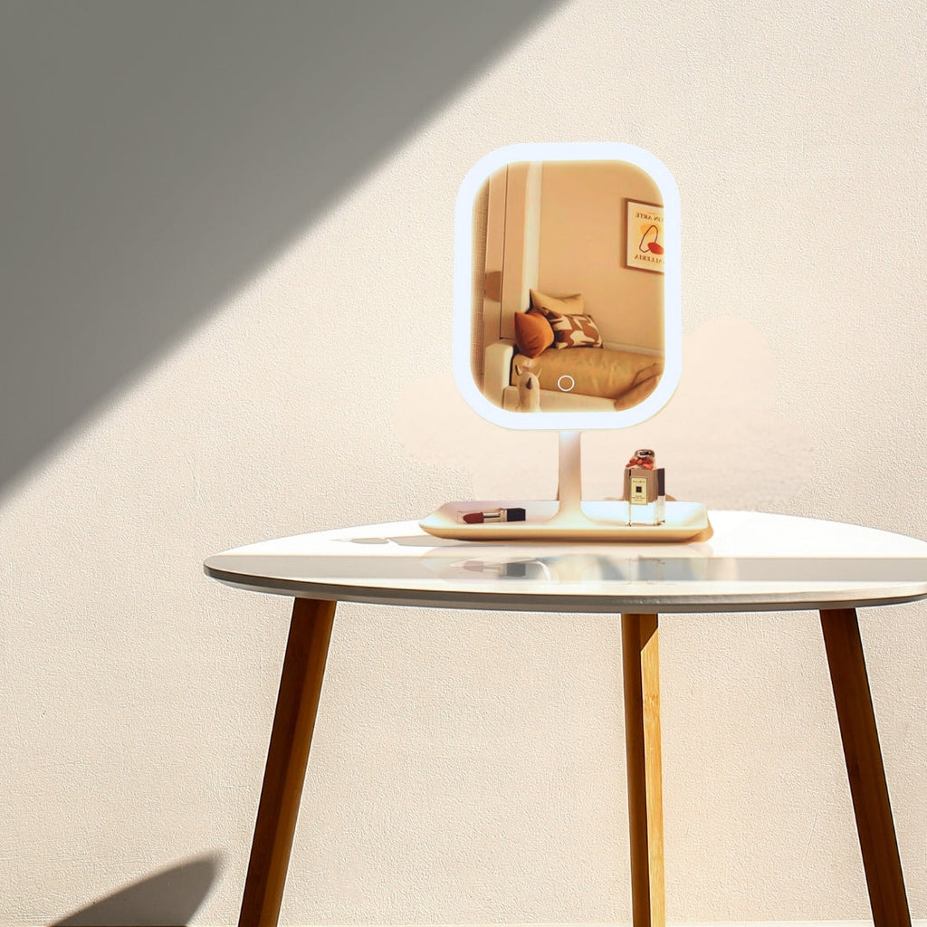 White squared smart LED makeup vanity mirror with adjustable tricolor lights for bedroom dressing tables — view 3