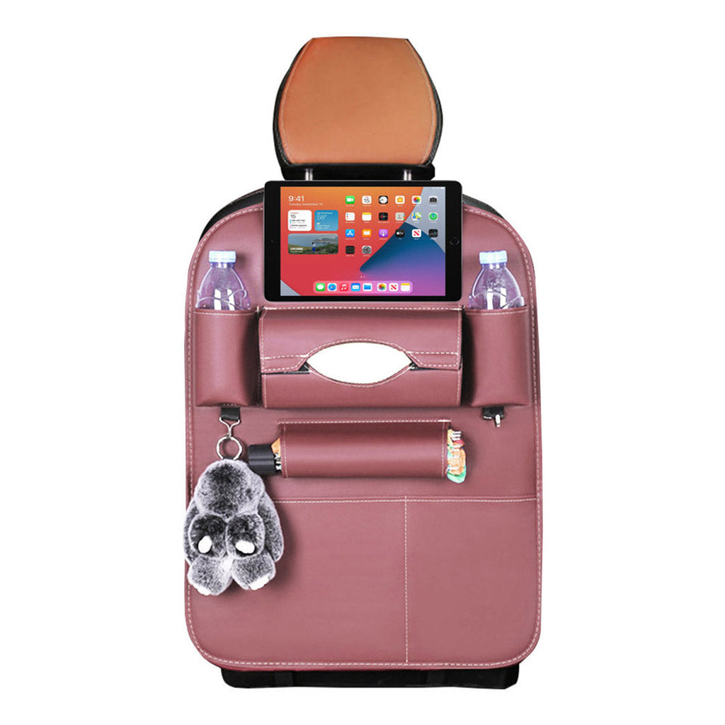 Coffee brown PVC leather car backseat organizer with multiple storage pockets and iPad holder — view 3