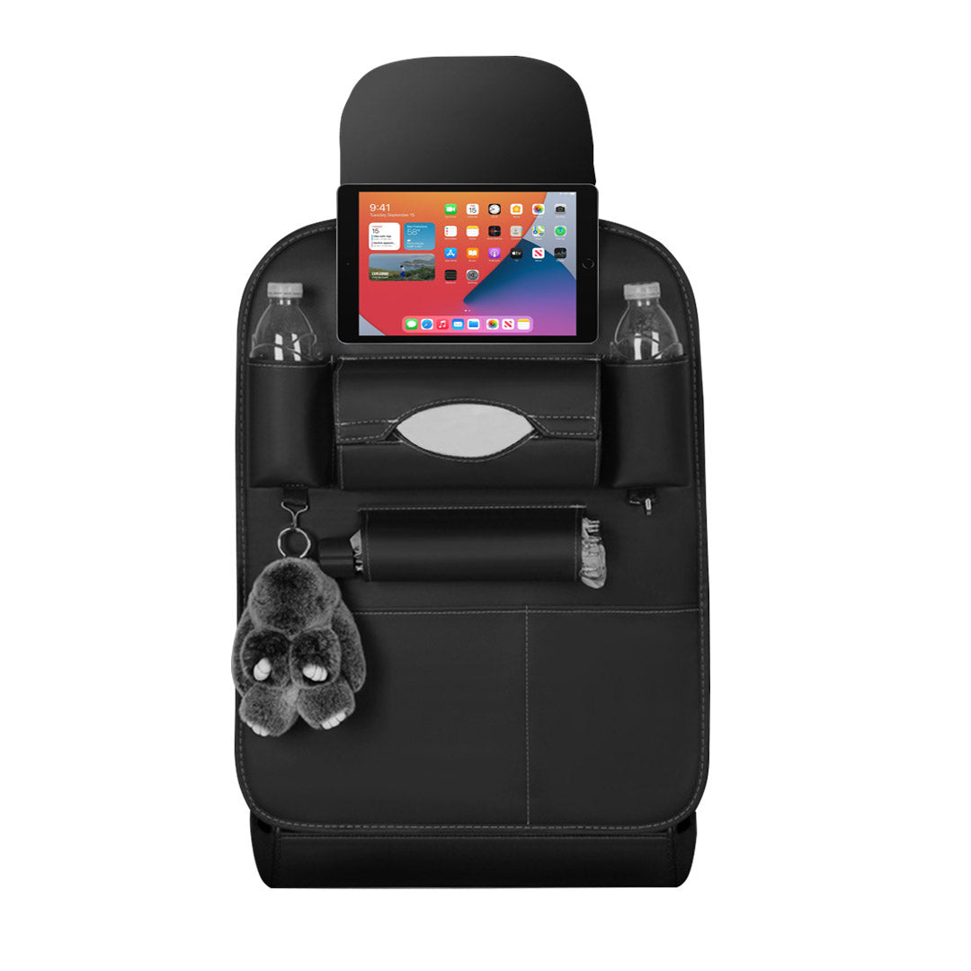 Black PVC leather car backseat organizer featuring multiple pockets, drink holders, and a tablet sleeve — view 3