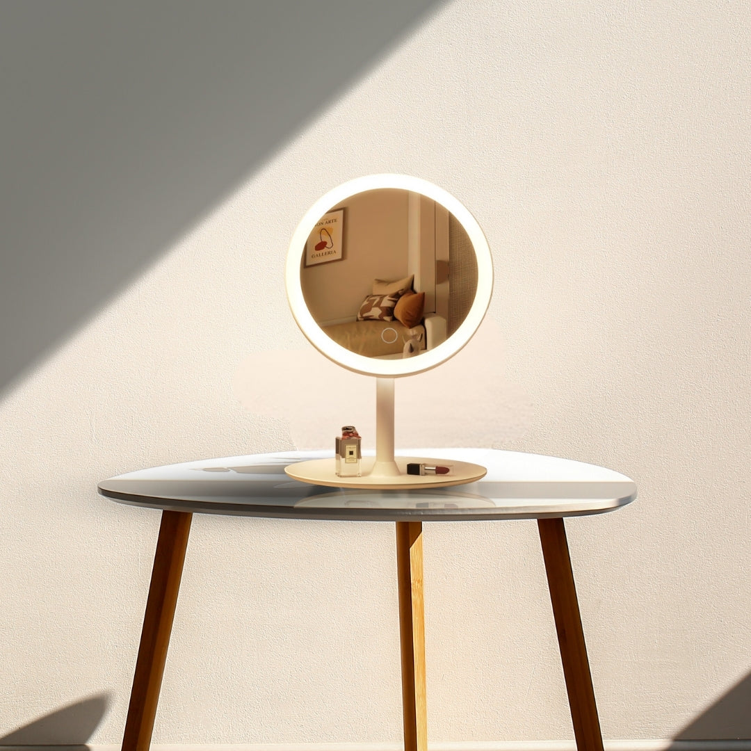 White round smart LED makeup vanity mirror set of two with illuminated tricolor dimmable lighting ring — view 3