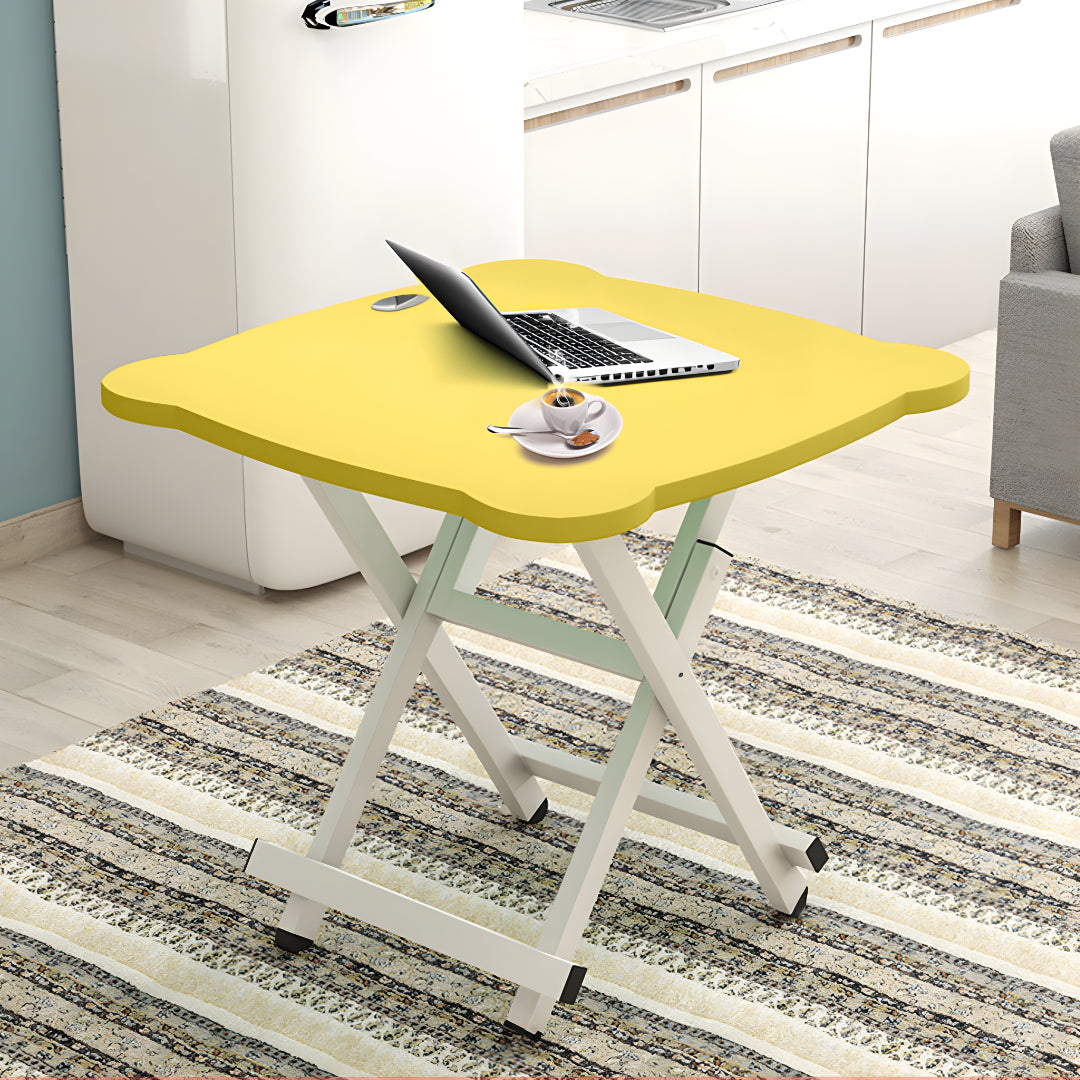 Yellow minimalist cat ear folding table set with white metal legs for indoor and outdoor use — view 3