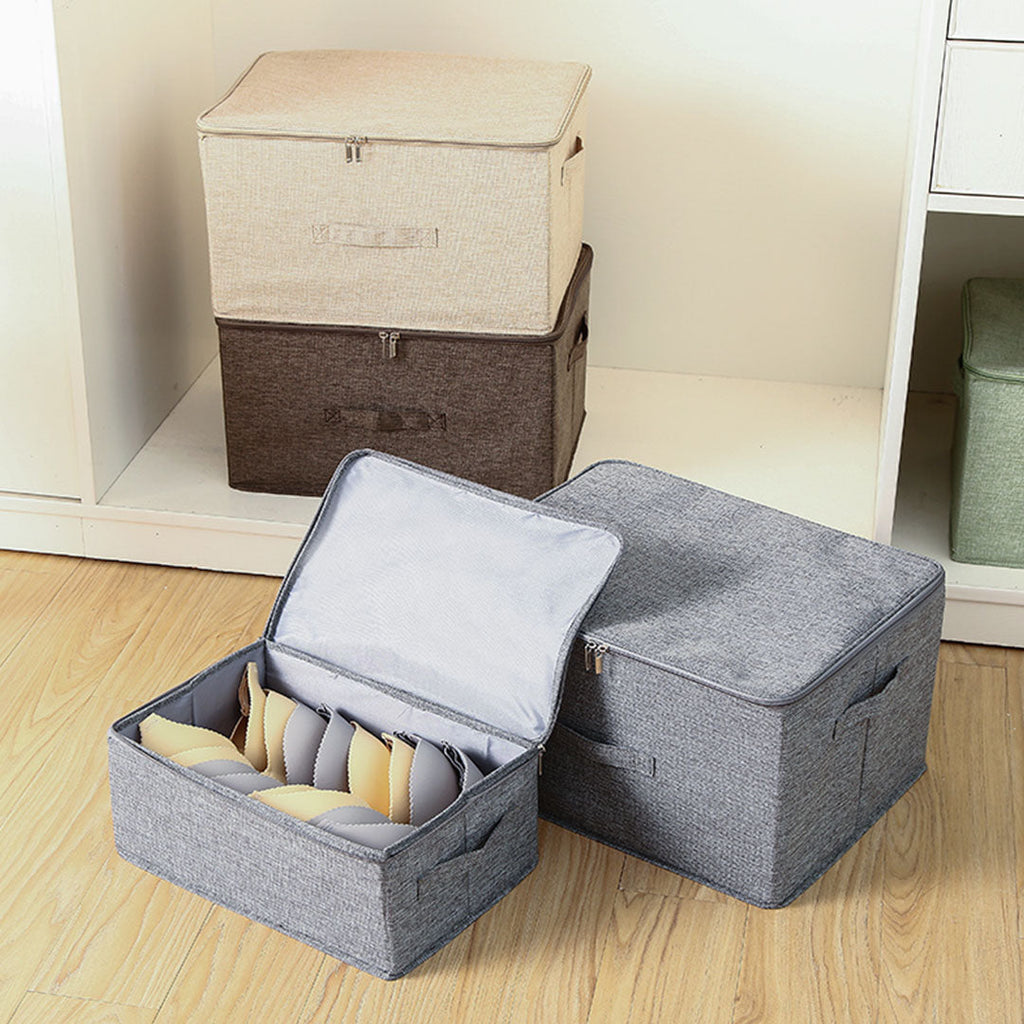 Small grey fabric foldable storage box with double zippers and reinforced handles for home organization — view 3