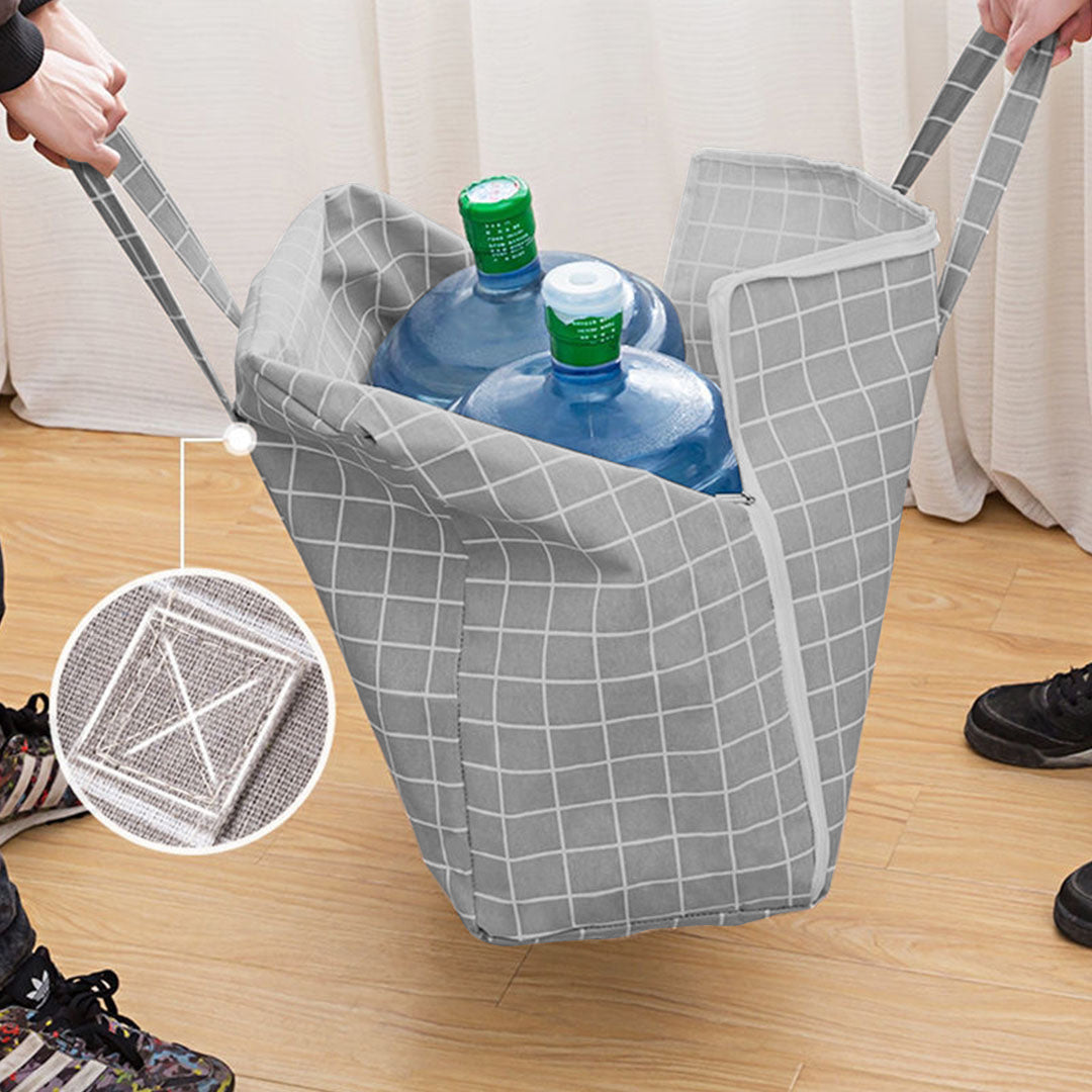 SOGA grey plaid large foldable storage luggage bag with double zippers and cross-stitched handles — view 3
