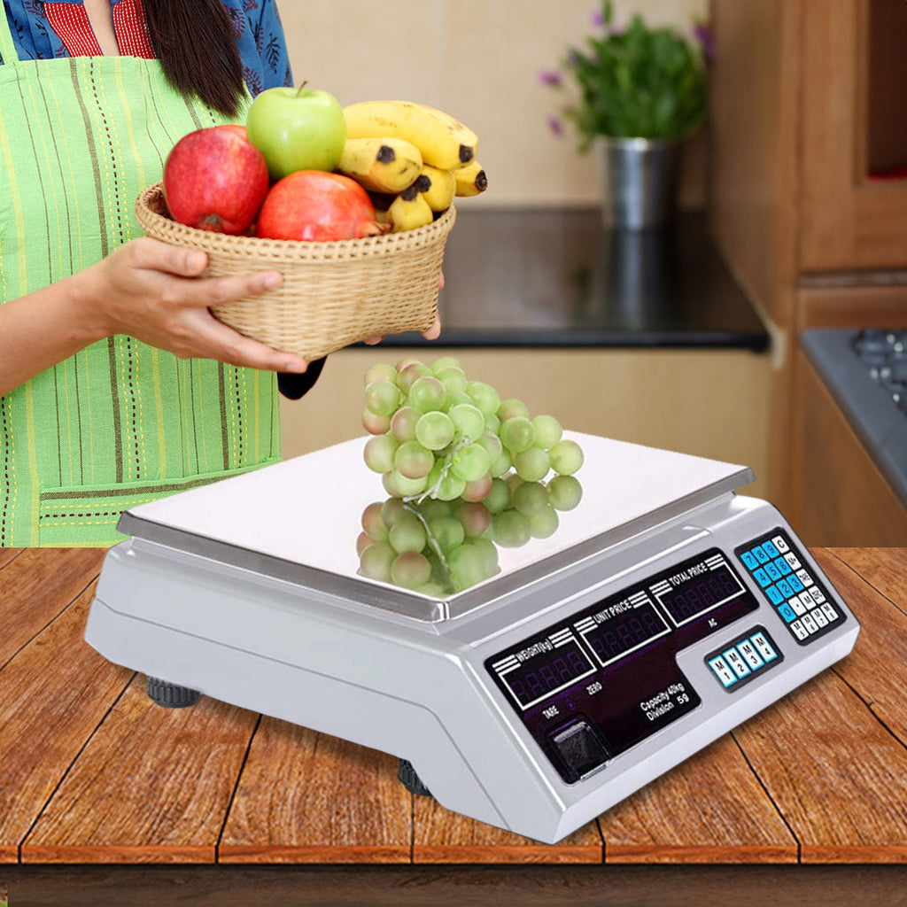 Two white SOGA digital kitchen scales with stainless steel platforms and dual-sided bright LCD displays — view 3