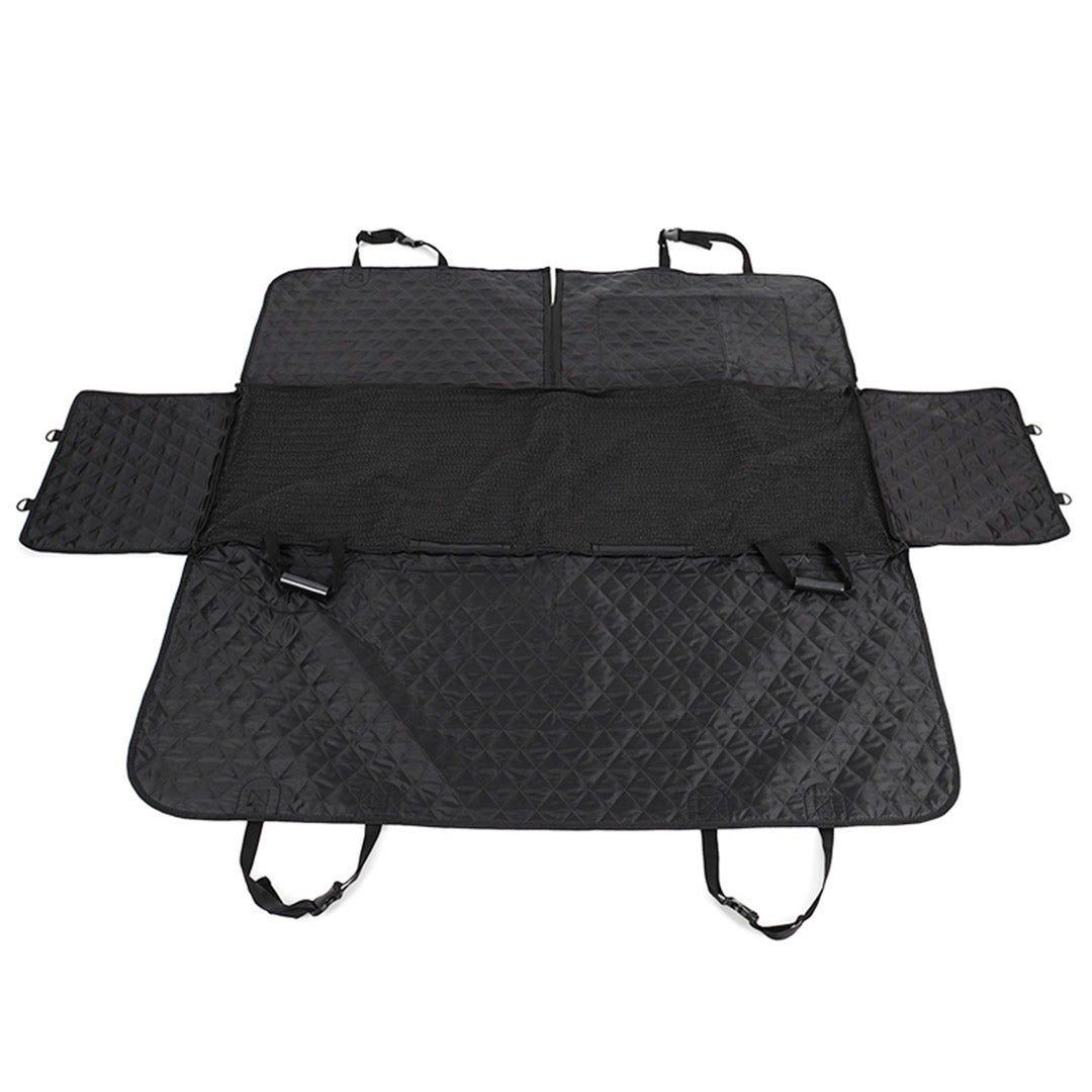 Black waterproof dog car seat cover hammock installed in vehicle back seat with secure straps — view 3