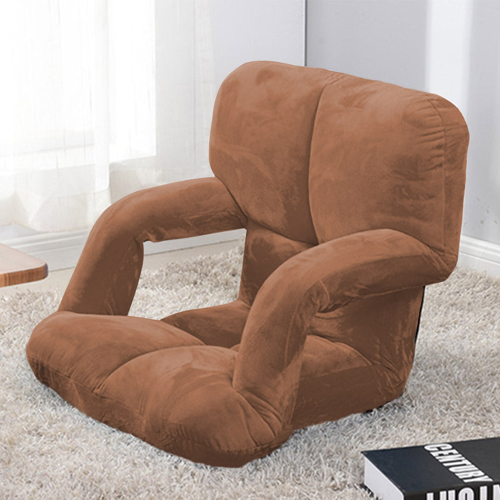 Coffee brown SOGA foldable floor lounge chair with armrests and plush flannel fabric — view 3