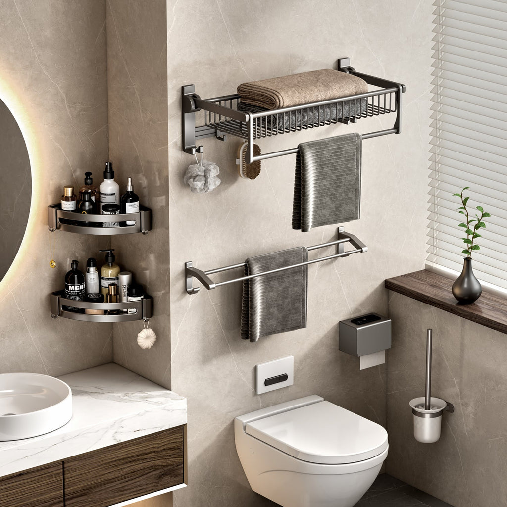 Gray wall-mounted double pole aluminum towel rack with hooks organizing bathroom accessories and towels — view 3