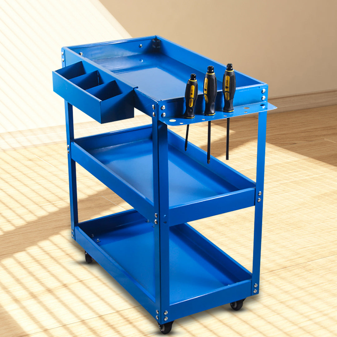 Blue three tier heavy duty steel mobile tool storage cart on wheels — view 3