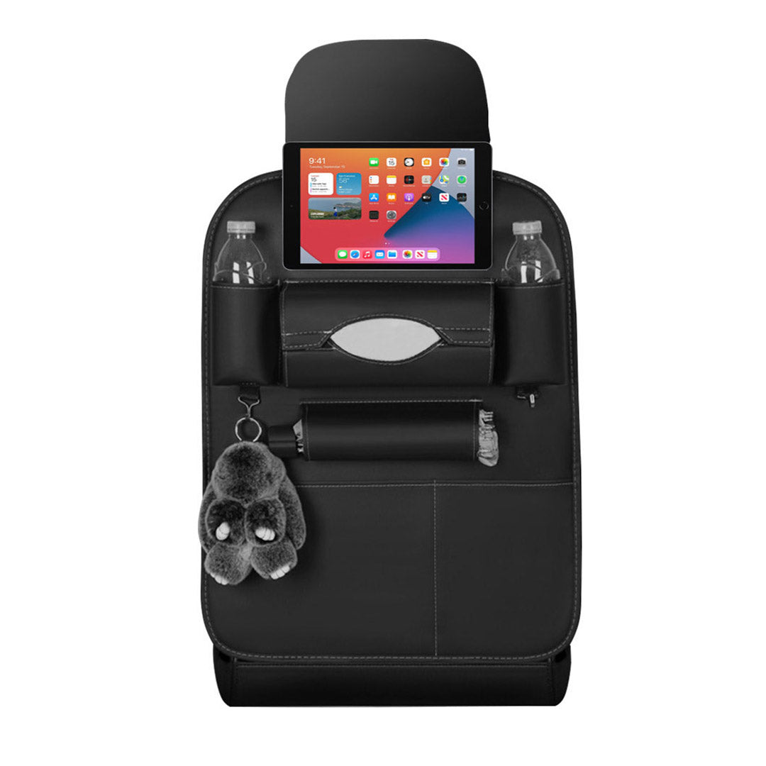 Black PVC leather car backseat organizer with seven multi-purpose storage pockets and adjustable straps. — view 3