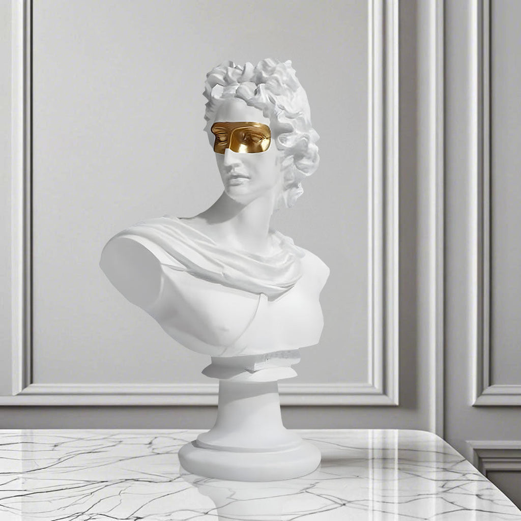 White Greco-Roman resin bust sculpture with modern gold sunglasses standing at 40cm tall — view 3