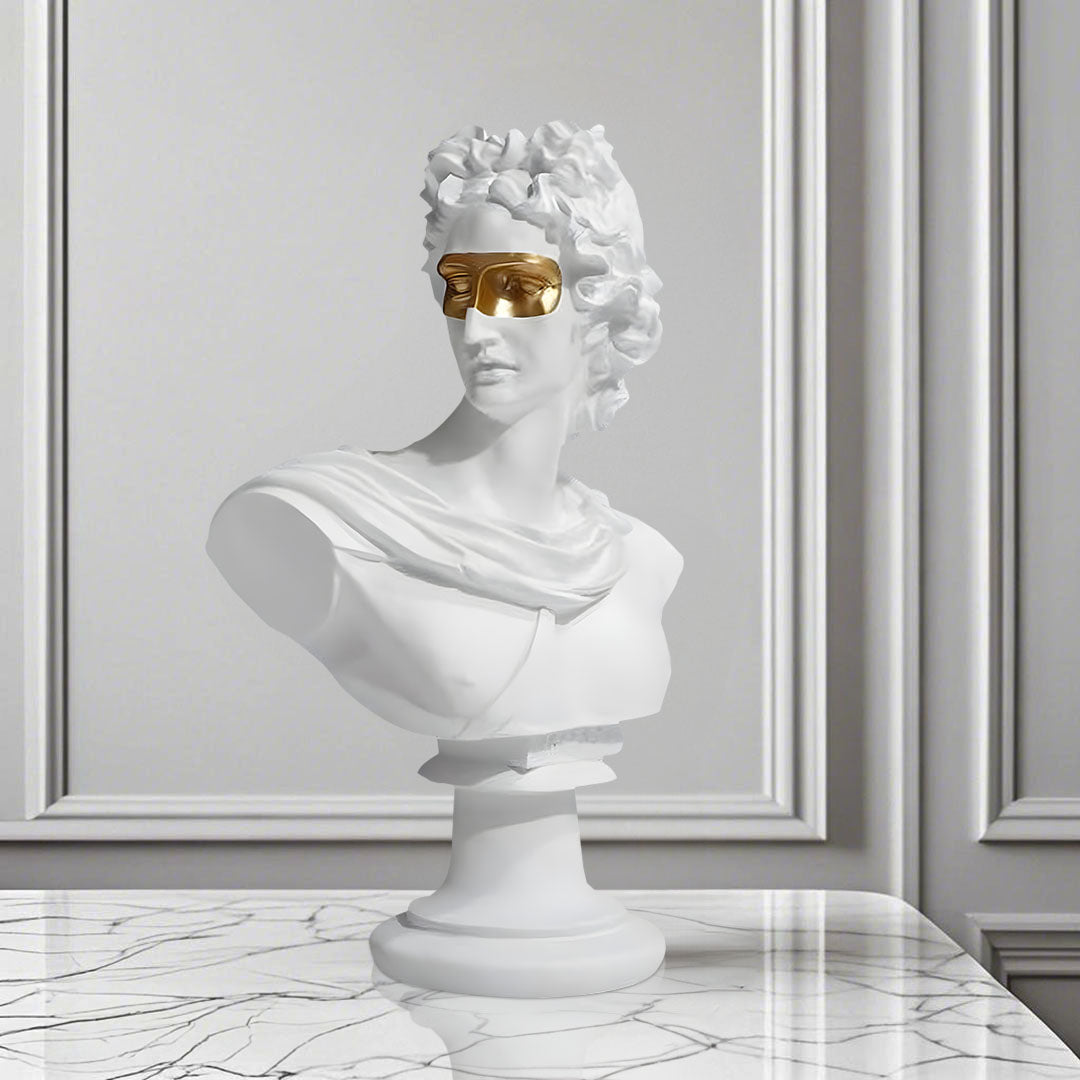 White Greco-Roman resin bust sculpture with modern gold sunglasses standing at 40cm tall — view 3
