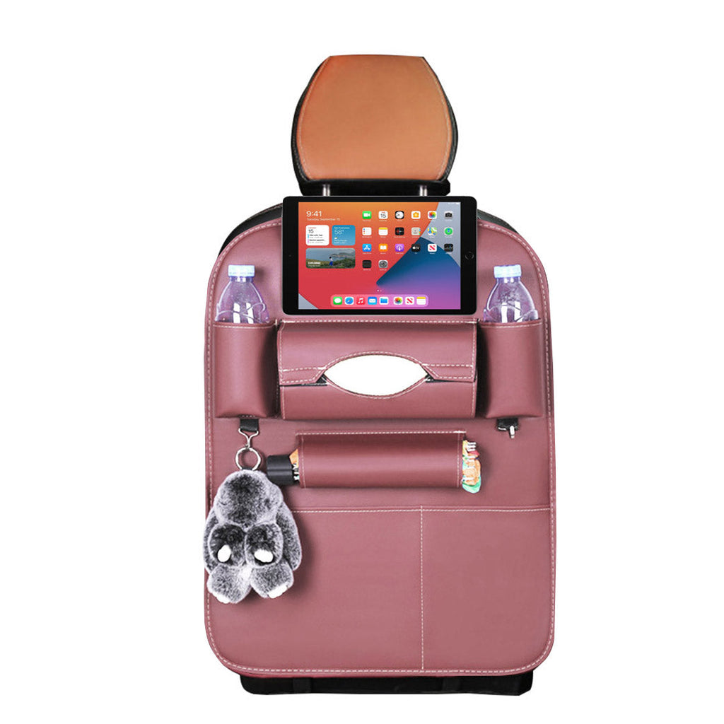 Coffee brown PVC leather car backseat organizer with multiple pockets and iPad mini holder. — view 3