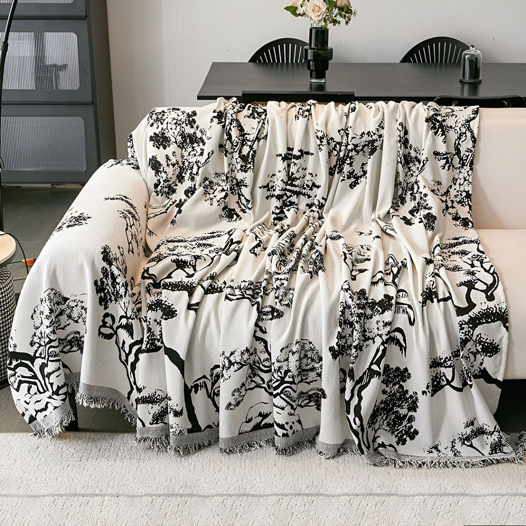 White tree print polyester three-seater sofa cover draped elegantly over a modern living room couch — view 3