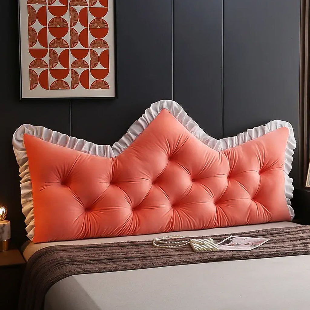 Pink crown headboard cushion with tufted design, plush filling, and soft polyester fabric for beds — view 3
