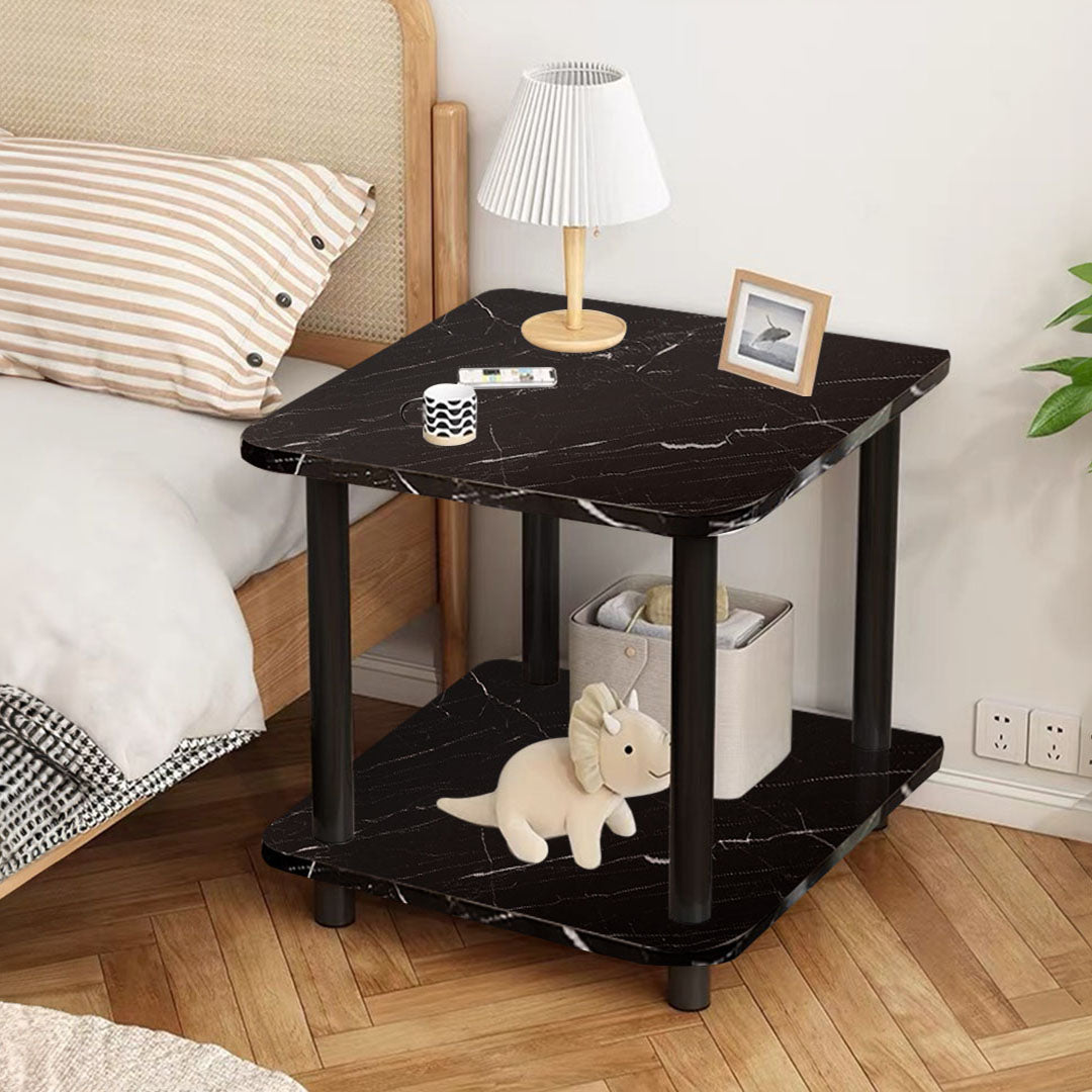 Modern round black side table featuring a stone-patterned surface and solid pine wood legs — view 3