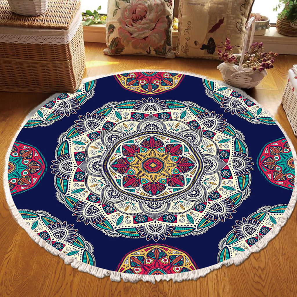 90cm round bohemian area rug featuring a vibrant blue mandala geometric pattern and anti-slip backing — view 3