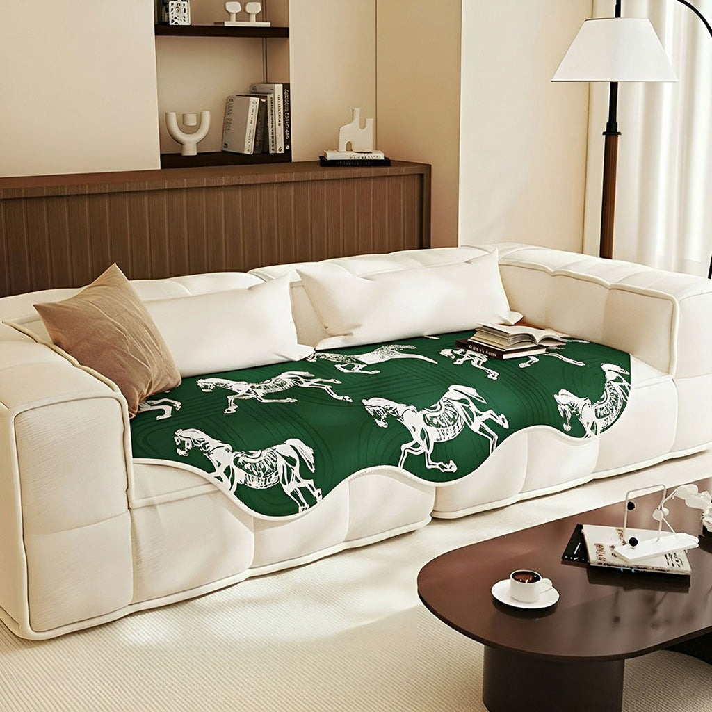 Green horse print three-seater sofa cover and polyester throw blanket draped over a modern couch. — view 3