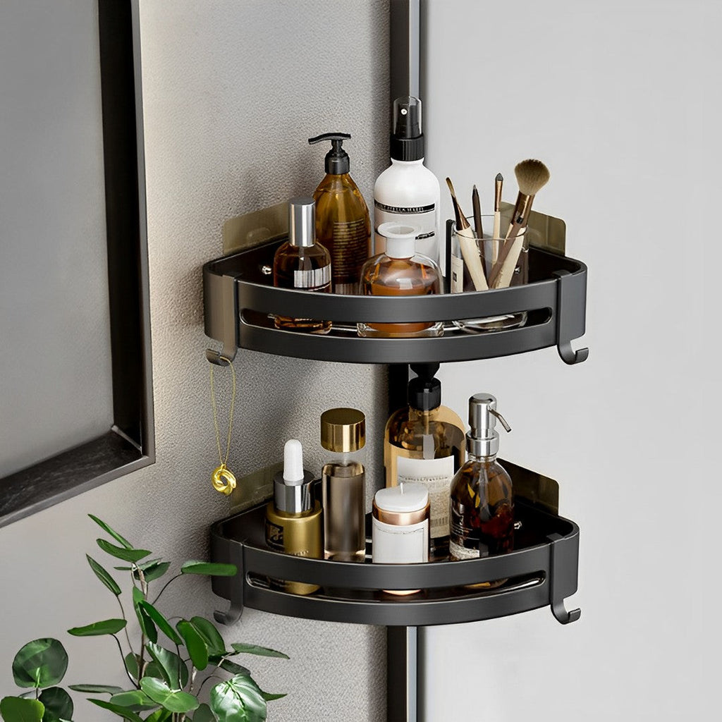 Two piece black aluminum triangular bathroom corner storage rack with hanging hooks and toiletries — view 3