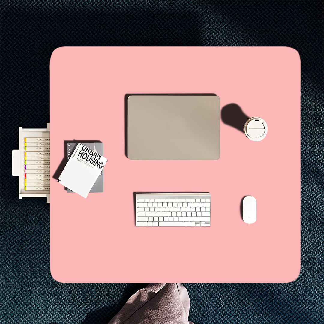 Set of two pink portable square floor tables with metal frames and built-in mini drawers — view 3