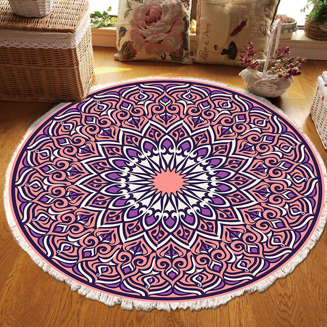 Purple mandala round area rug with anti-slip backing for modern living room decor — view 3