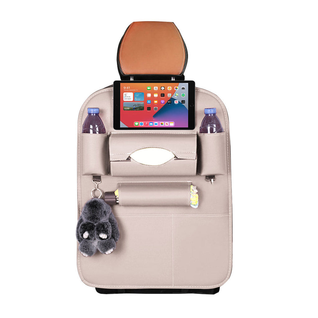 White PVC leather car backseat organizers with multiple storage pockets and tablet holders. — view 3