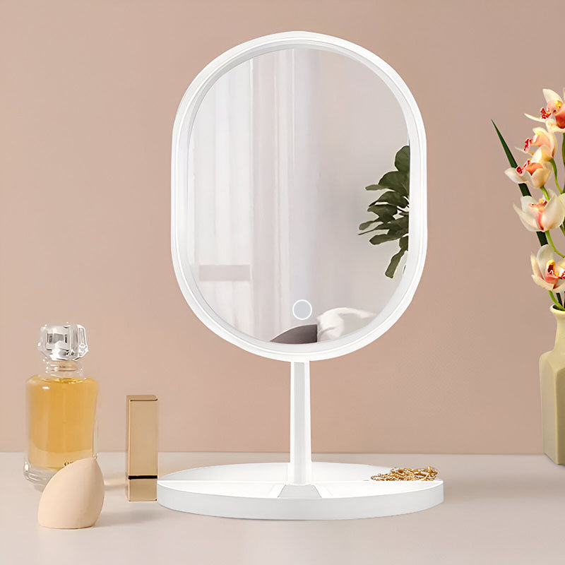 White oval LED makeup vanity mirror on a stand with bright illuminated tricolor adjustable lighting — view 3
