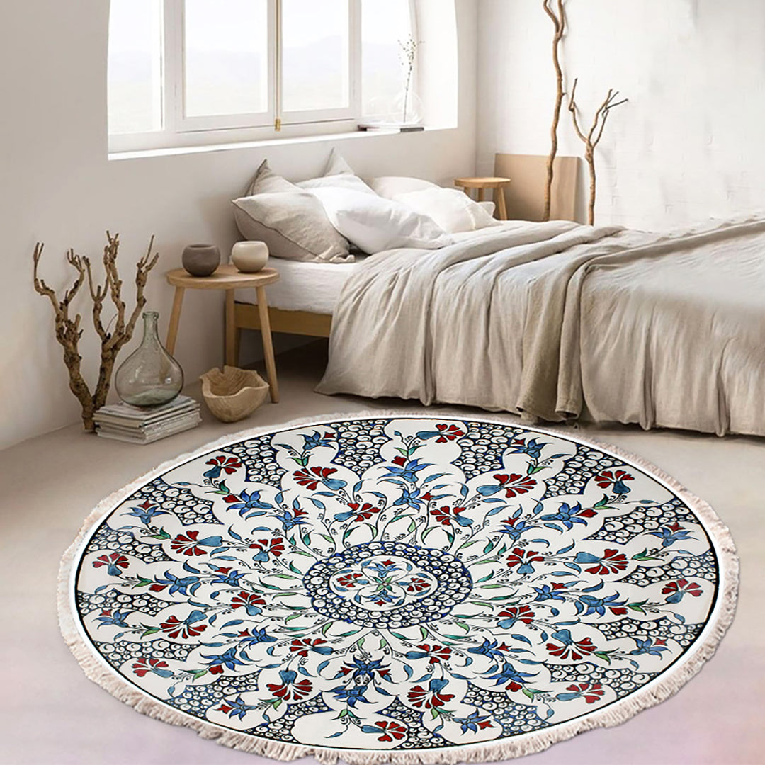 Vibrant 120cm round area rug with multicolor mandala pattern, plush polyester pile, and anti-slip backing — view 3
