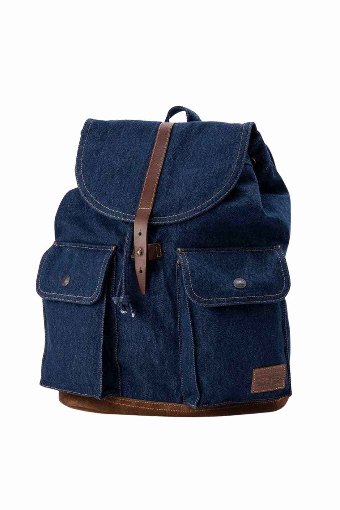 Men's Levi's denim heritage backpack with brown leather details and adjustable shoulder straps