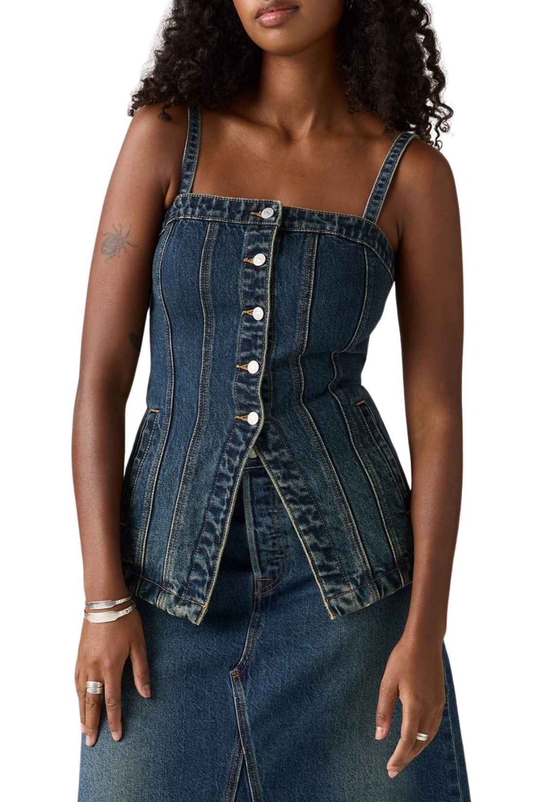 Levi's women's slim-fit medium wash denim bustier top with front button fastening and adjustable straps — view 6