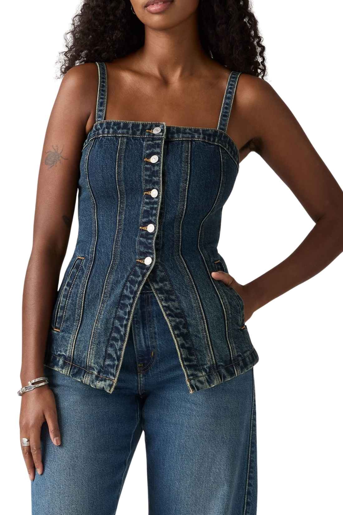 Levi's women's slim-fit medium wash denim bustier top with front button fastening and adjustable straps — view 11
