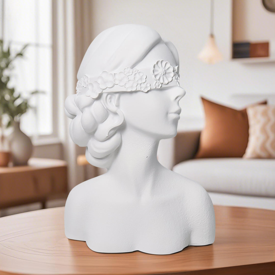 Matte white resin 36cm blindfold lady bust sculpture with delicate floral detailing for home decor — view 4