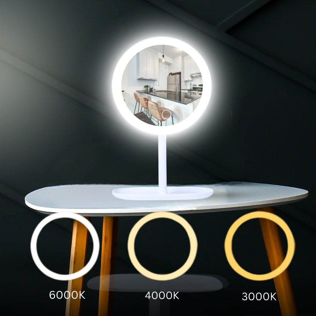 White round smart LED makeup vanity mirror set of two with illuminated tricolor dimmable lighting ring — view 4